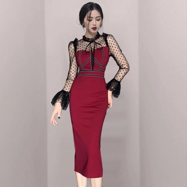 ワンピース ワイン赤 ドレス 結婚式 二次会 お呼ばれ タイトワンピース 韓国風 背開き セクシー スリット ワンピース お嬢様 チュール袖 透かし袖 Lh Kittyshop 通販 Yahoo ショッピング