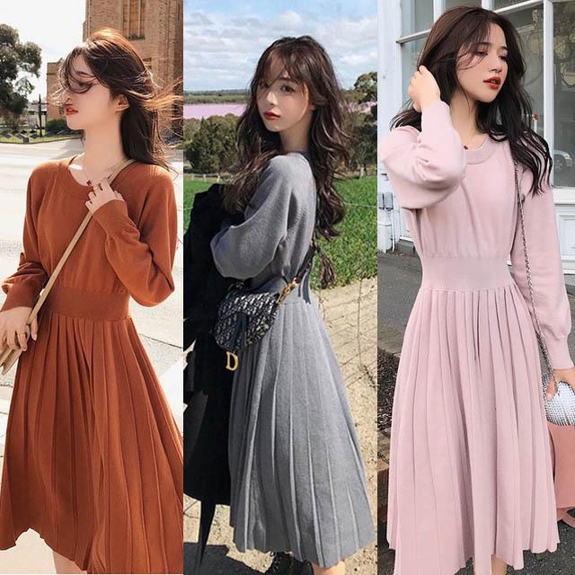 ニットワンピース Aライン 代 可愛い ピンク ニットワンピース ロング プリーツスカート オシャレ 長袖 春 秋 冬 ブラック グレー カラメル Lh Kittyshop 通販 Yahoo ショッピング