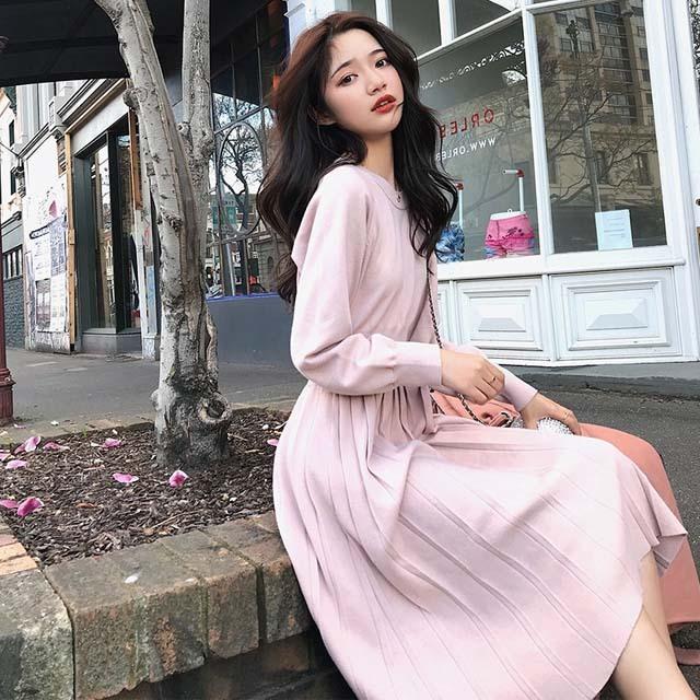ニットワンピース Aライン 代 可愛い ピンク ニットワンピース ロング プリーツスカート オシャレ 長袖 春 秋 冬 ブラック グレー カラメル Lh Kittyshop 通販 Yahoo ショッピング