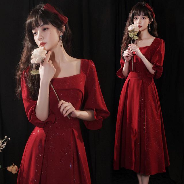 お呼ばれドレス ワイン赤 Aライン 結婚式ドレス パフスリーブ フォーマル ワンピース ロング ミモレ丈 パーティードレス 誕生日 二次会 成人式ドレス Lh Kittyshop 通販 Yahoo ショッピング