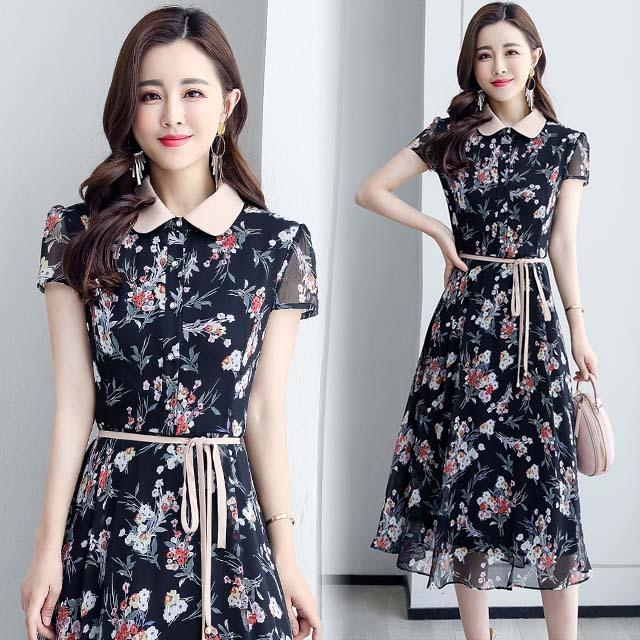 花柄ワンピース 襟付き ワンピース 可愛い シフォンワンピース 30代 40代 Aラインワンピース 大きいサイズ ロングワンピース 花柄 シフォン ブラック 黒 夏 Lh Kittyshop 通販 Yahoo ショッピング