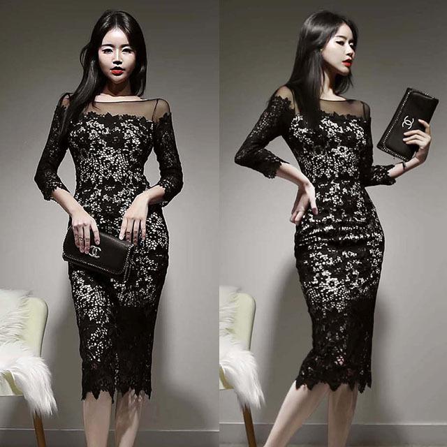 ブラック レースワンピース パーティードレス 黒 韓国風 レースドレス 結婚式 二次会ドレス お呼ばれドレス 30代 40代 タイトワンピース レース 7分袖 Lh Kittyshop 通販 Yahoo ショッピング