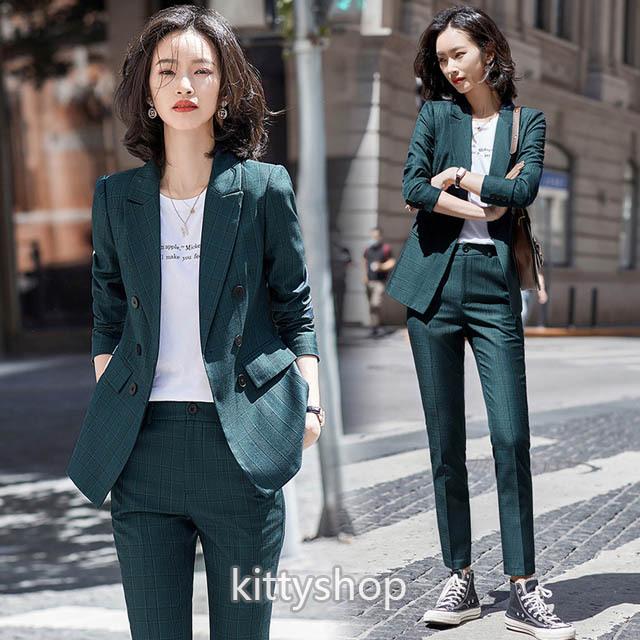 チェック柄 スーツ レディース 緑 パンツスーツ 2点セット 通勤 Ol オフィススーツ フォーマル スーツ 春 30代 40代 グリーン パープル カジュアルスーツ Lh Kittyshop 通販 Yahoo ショッピング