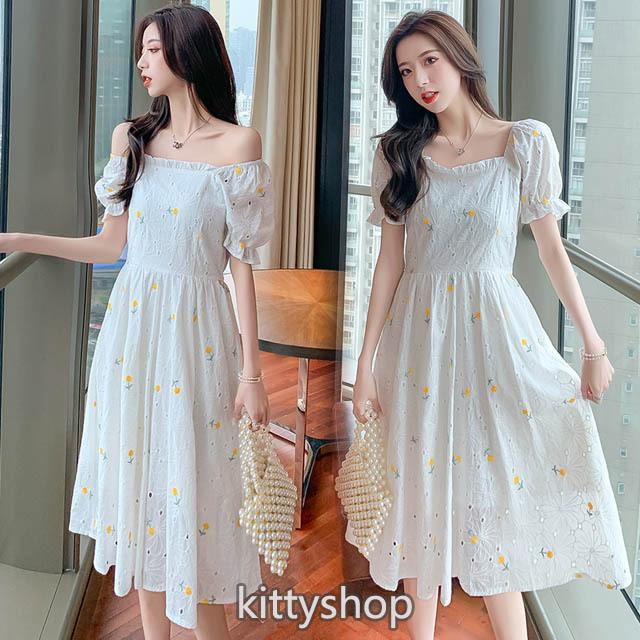 ホワイト ワンピース パフスリーブ 代 可愛い Aラインワンピース 刺繍 花柄 オシャレ 夏 ロングワンピース ボートネック オフショルダー リゾートワンピース Lh Kittyshop 通販 Yahoo ショッピング