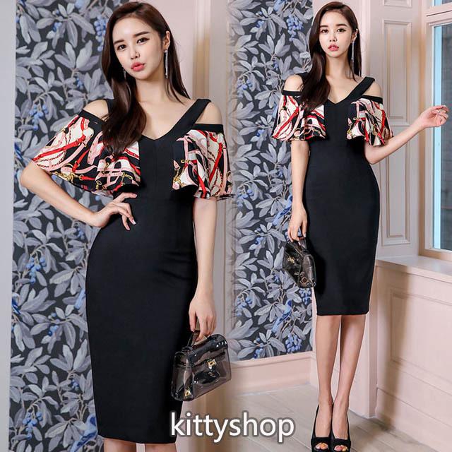 タイトワンピース 韓国 オフショルダー ワンピース プリント オシャレ ワンピース ドレス パーティー お呼ばれ 膝丈ワンピース スリット Vネック Lh Kittyshop 通販 Yahoo ショッピング