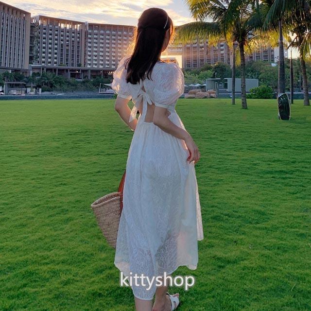 ホワイトワンピース リゾートワンピース 背開き ロングワンピース 白 Aラインワンピース 代 30代 海外旅行 撮影 ワンピース パフスリーブ プリンセス Lh Kittyshop 通販 Yahoo ショッピング