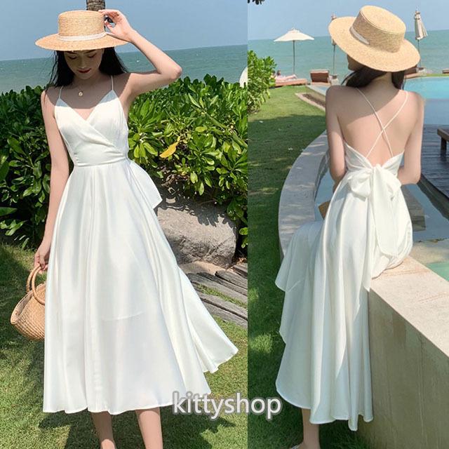 ホワイトワンピース サテン キャミワンピース Vネック リゾートワンピース 背開き セクシー ロングワンピース 白 Aラインワンピース 代 30代 海外旅行 撮影 Lh Kittyshop 通販 Yahoo ショッピング