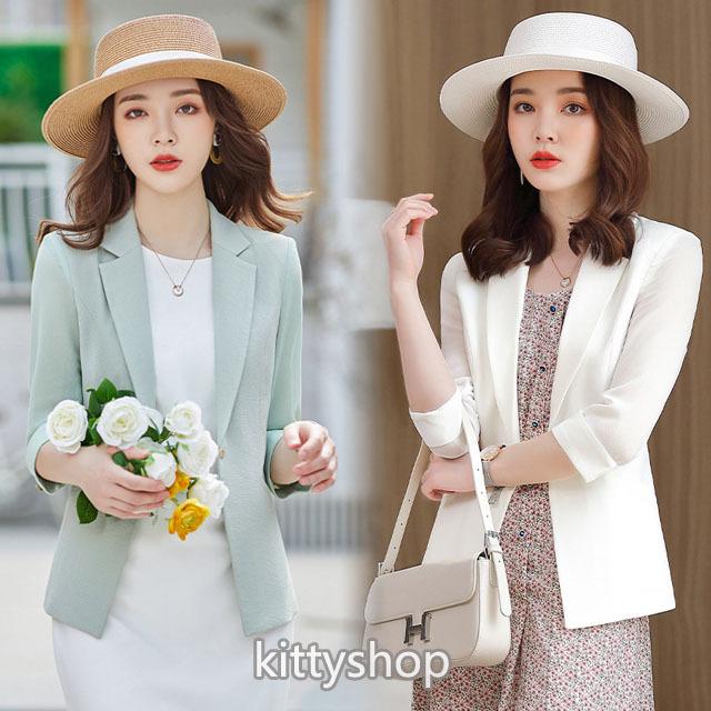 白ジャケット レディース 夏 テーラードジャケット ホワイト サマージャケット ライトグリーン イエロー ジャケット 7分袖 オフィスジャケット 30代 Lh Kittyshop 通販 Yahoo ショッピング