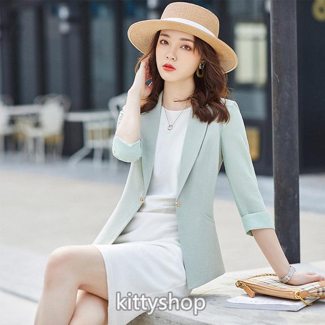 白ジャケット レディース 夏 テーラードジャケット ホワイト サマージャケット ライトグリーン イエロー ジャケット 7分袖 オフィスジャケット 30代 Lh Kittyshop 通販 Yahoo ショッピング