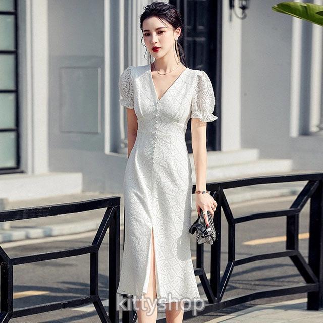 ホワイト マーメイドワンピース スリット パーティードレス 白 レースワンピース パフスリーブ エレガント お呼ばれドレス ロングワンピース 夏 Lh Kittyshop 通販 Yahoo ショッピング