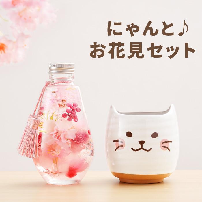 プレゼント 名入れ 名前入り 花 ギフト 桜 ハーバリウム ＆ にゃんこ 湯呑み セット 猫グッズ 定年退職 女性 還暦祝い 母 おしゃれ 誕生日 記念品 | ブランド登録なし | 01