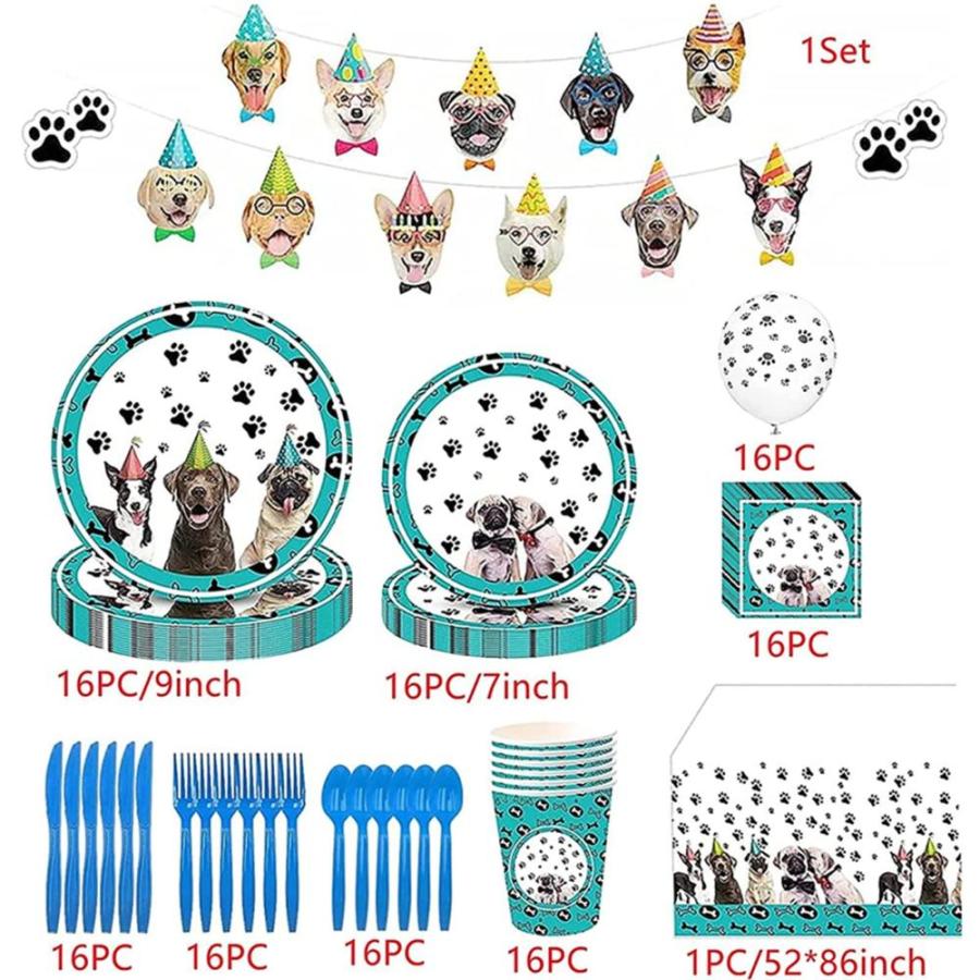 通販モール 130Pcs Dog Party Supplies，Dog Disposable Tableware with Dogs Balloons ，Bann