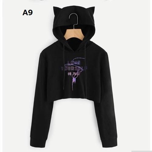 BTS 猫耳フード付き ショート丈 パーカー FAKE LOVE KPOP 長袖