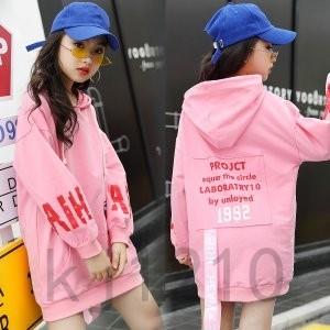 子供服トップスパーカー女の子プルオーバーロング丈長袖フード付きあったか春秋ストリートジャージダンスカッコイイ 新版