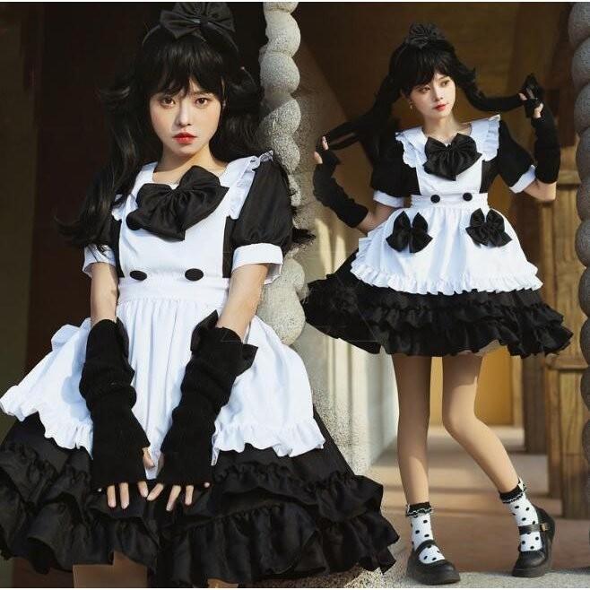 ゴシックメイド服 ハロウィン衣装 コスプレ衣装 レディース 大人 メイド服 ウェイトレス 半袖ワンピース フリル リボン