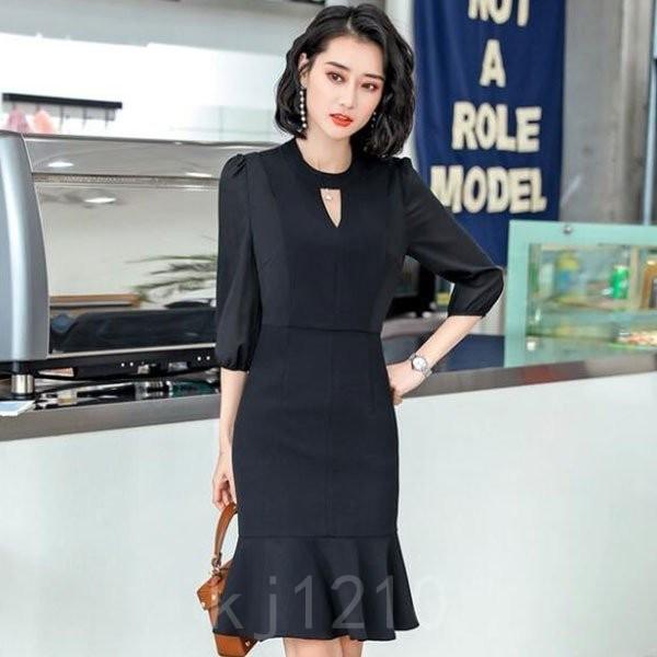 ワンピースレディースタイトワンピースオフィスワンピースフォーマルドレス通勤2色ブラックネイビー春夏 Tr