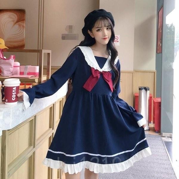 New Arrival Kjストア激安ロリータ服ロリータワンピースロリータopレディース可愛いワンピース長袖ワンピースセーラー風リボン無地2色 Mocksradon Com