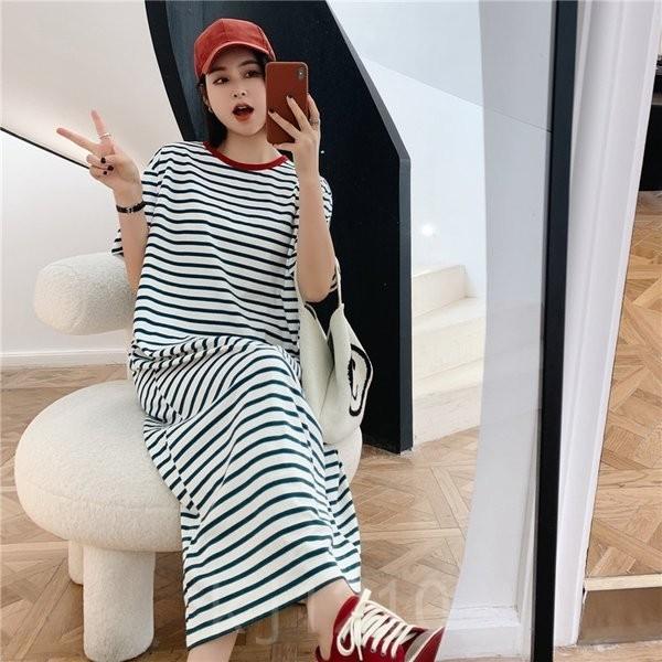 ワンピースレディースロング丈カジュアルボーダー柄半袖着痩せマキシワンピレディースマキシ丈ワンピース 沸騰ブラドン