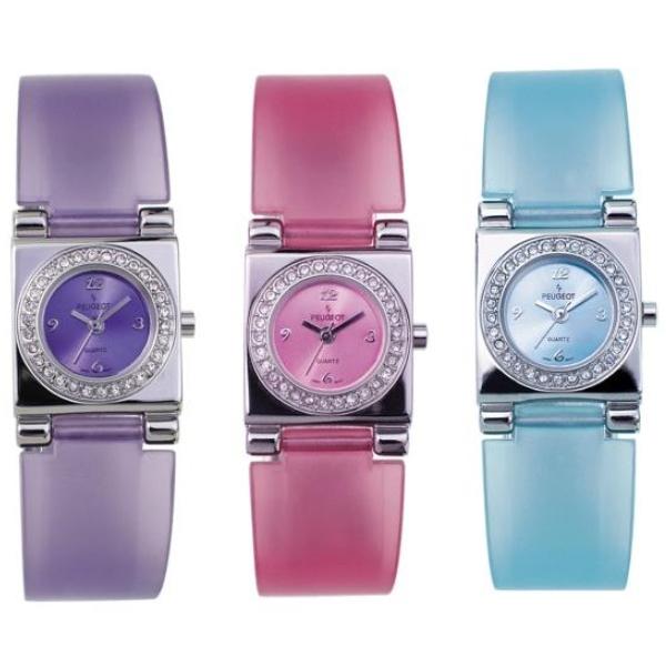 プジョー レディース用腕時計 Peugeot Womens Half Bangle Watch w/ Colorful Acrylic Bracelet and Crystal Bezel