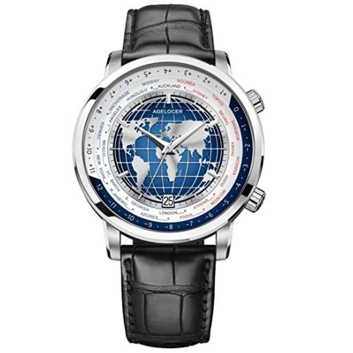 【超特価sale開催】 エイジロッカー メンズ用腕時計 Agelocer Men's Genuine Diamond Dial Blue World time Mechanical Calendar Fashion Watch VP-5201A1 腕時計