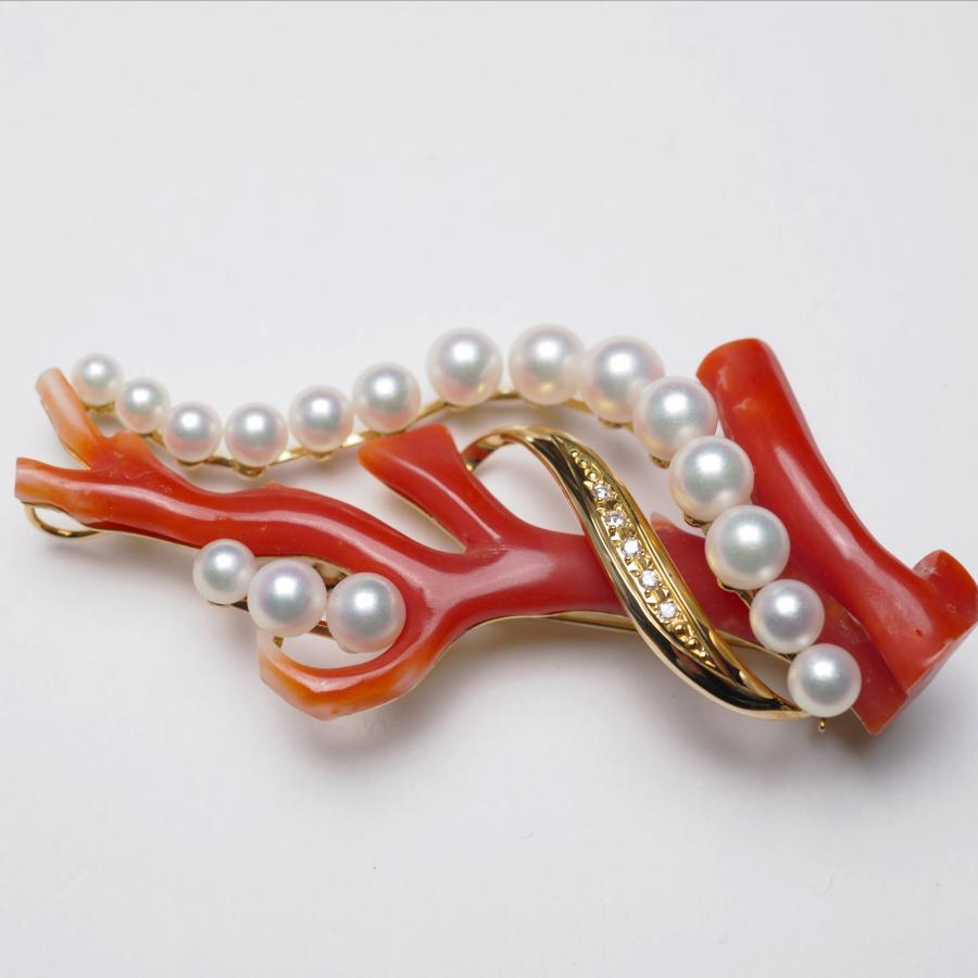 K18 赤珊瑚/アコヤ本真珠 枝 ブローチ あこやパール 18金イエロー  