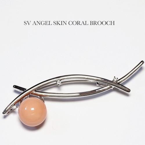 シルバー925 桃色珊瑚 本ボケ 天然ダイヤ付き ブローチ ペンダント兼用