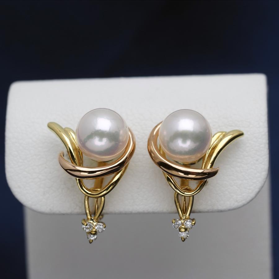 K18YG/PG アコヤ本真珠 イヤリング スイングダイヤモンド ネジバネ式  