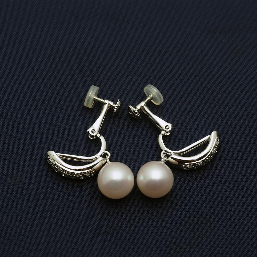 K14WG アコヤ本真珠 ハーフフープ イヤリング ネジバネ式 ダイヤモンド