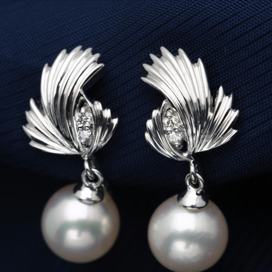 プラチナ900/K14WG アコヤ本真珠 イヤリング ボタニカルデザイン  