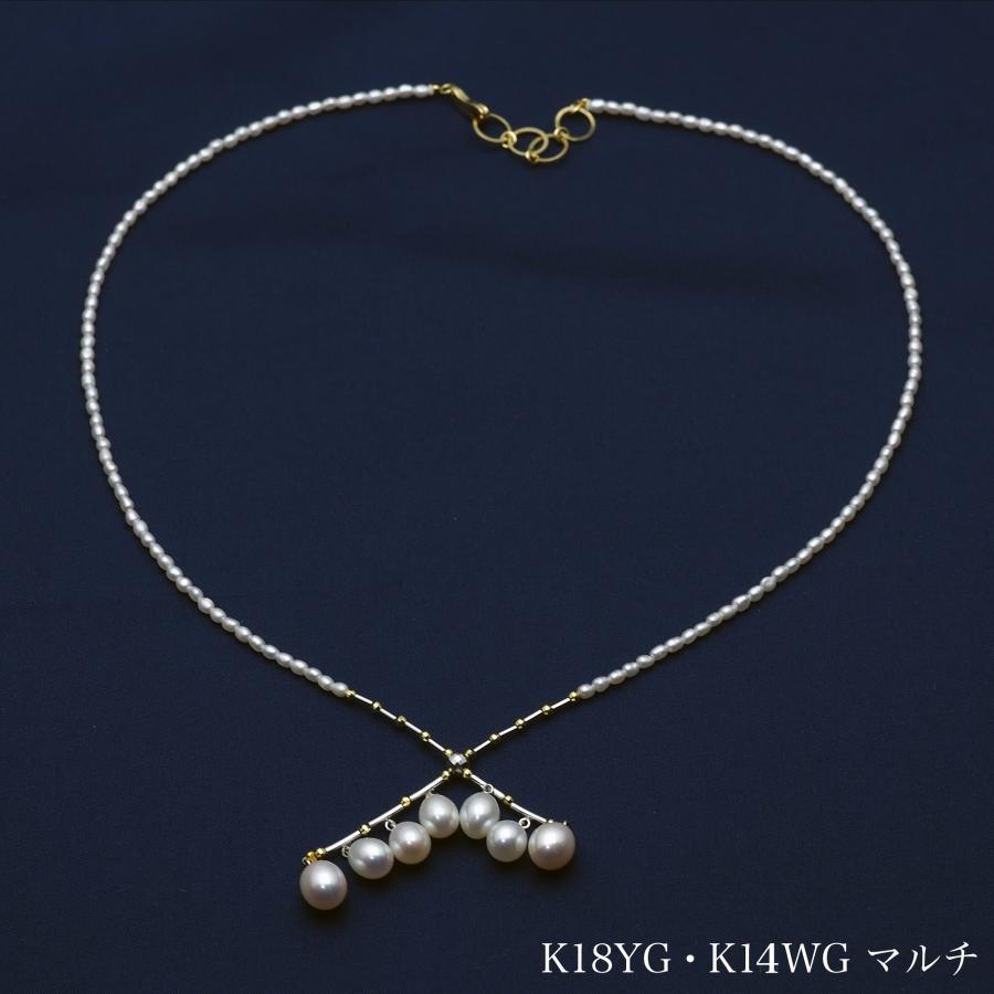 K18YG/K14WG 淡水真珠 ケシ&ドロップ パール ネックレス 43cm アジャスター付き 調節可 個性的 ホワイト 細身 ギフト プレゼント 日本製の画像