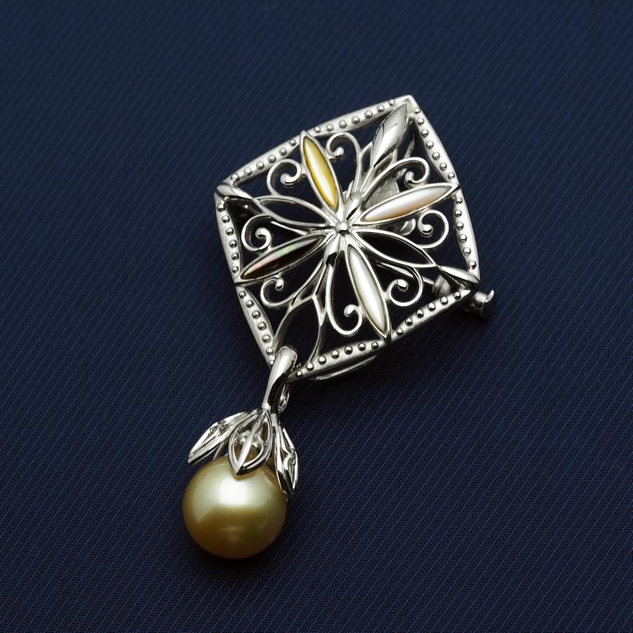 白蝶真珠 南洋ゴールドパール 蝶貝ブローチ 10mm ペンダント兼用