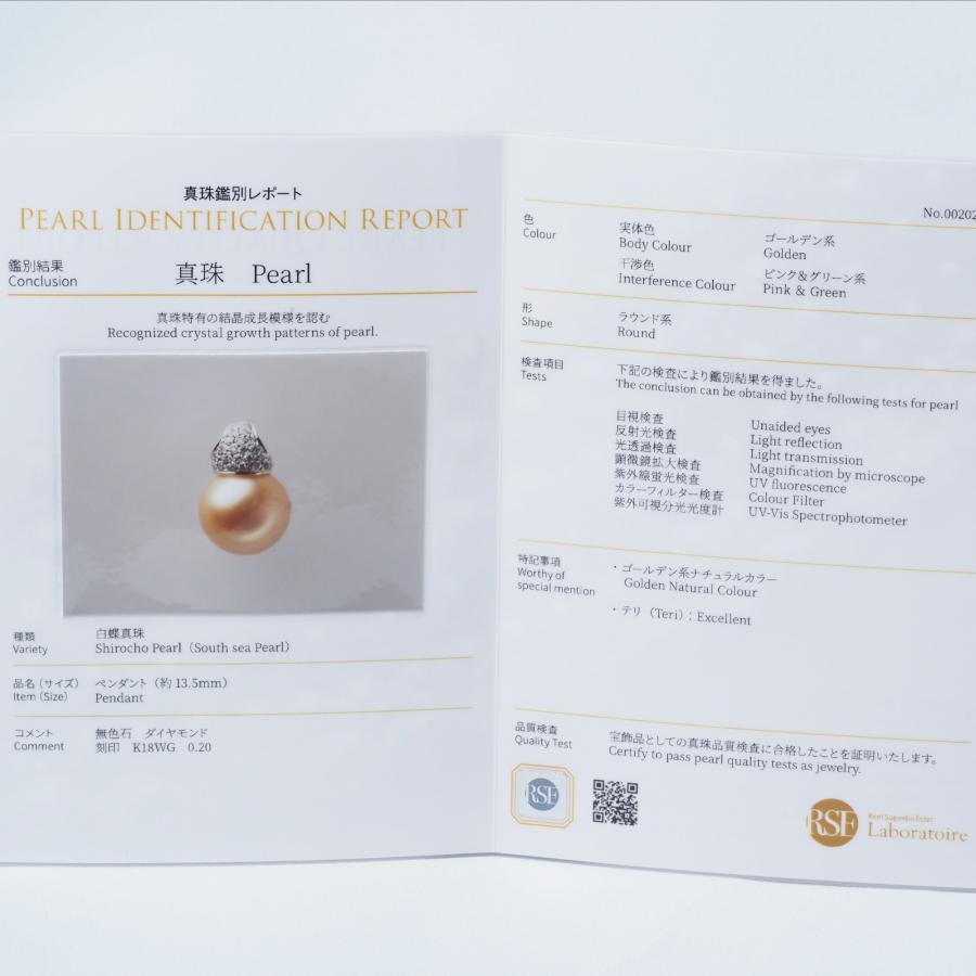 K18WG 南洋真珠 ナチュラルゴールド ペンダントトップ 13.5mm 鑑別書付き 白蝶パール 18金ホワイトゴールド 大珠 大ぶり 大きめ ギフト 普段使い 日本製の画像