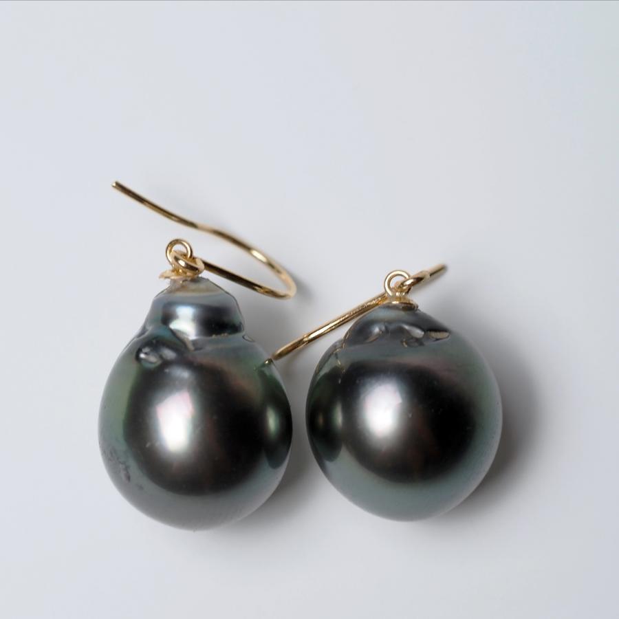 K18 タヒチ真珠 フックピアス バロック 12mm up イヤリングにも変更可