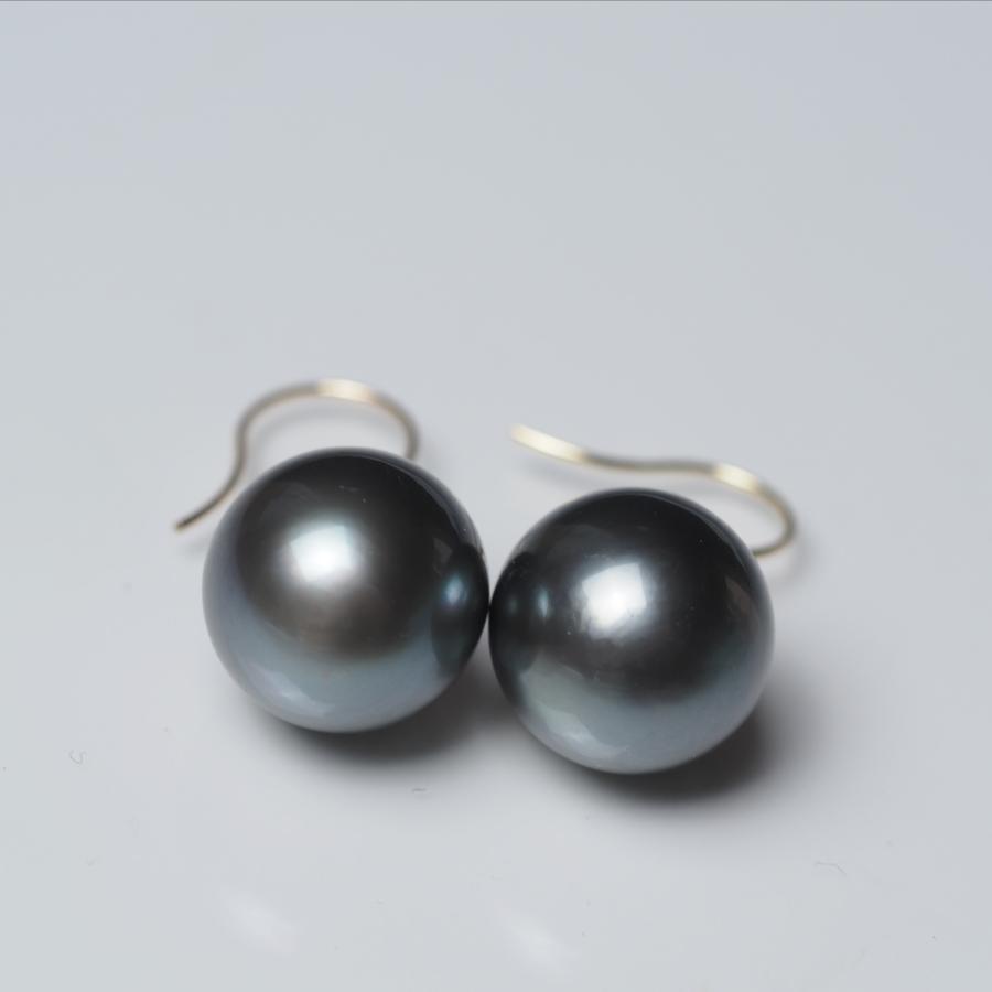 黒蝶真珠ピアス K18 約12mm玉 K18 タヒチ真珠 フックピアス バロック 12mm up イヤリングにも変更可