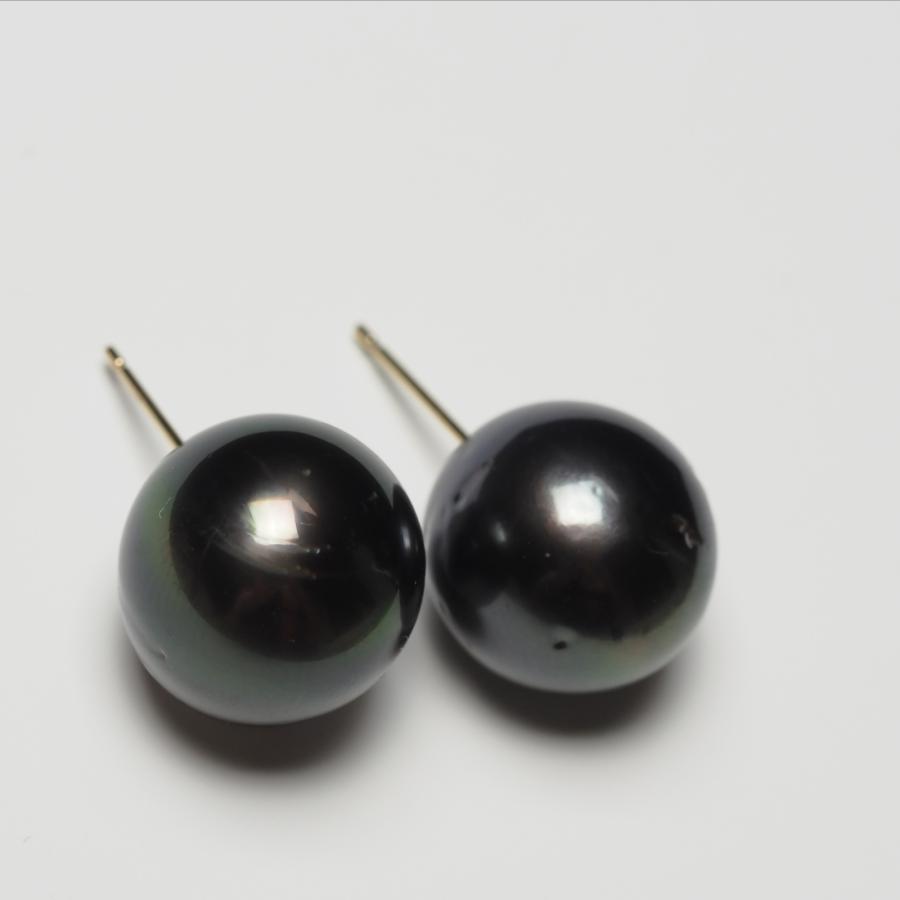 タヒチ真珠 ピアス ブラックグリーン 特大14mm up/セミラウンド 