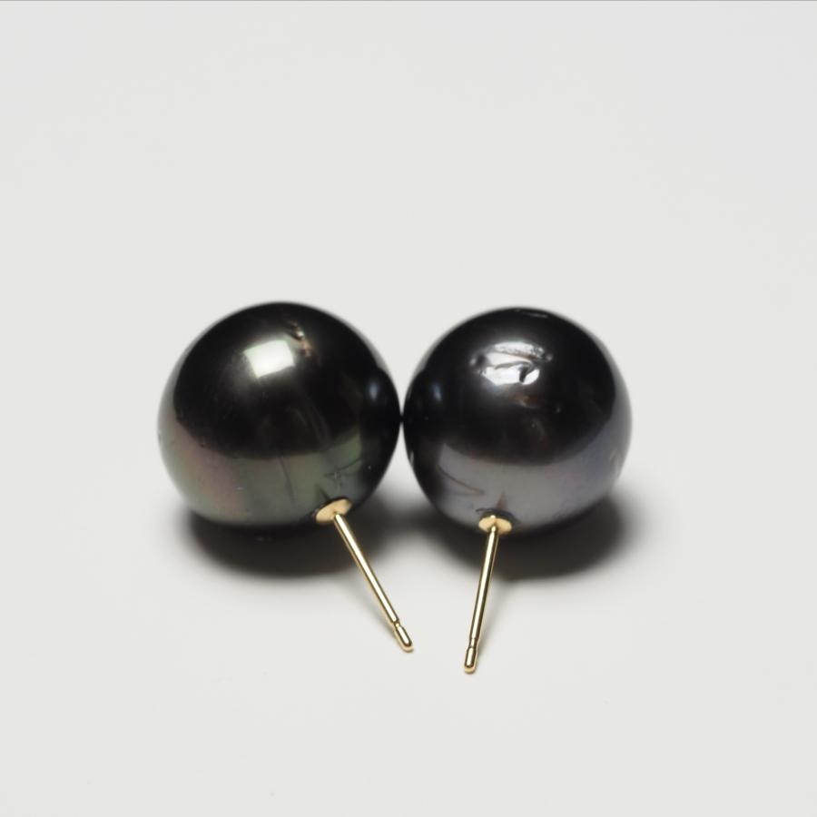 タヒチ真珠 ピアス ブラックグリーン 特大14mm up/セミラウンド