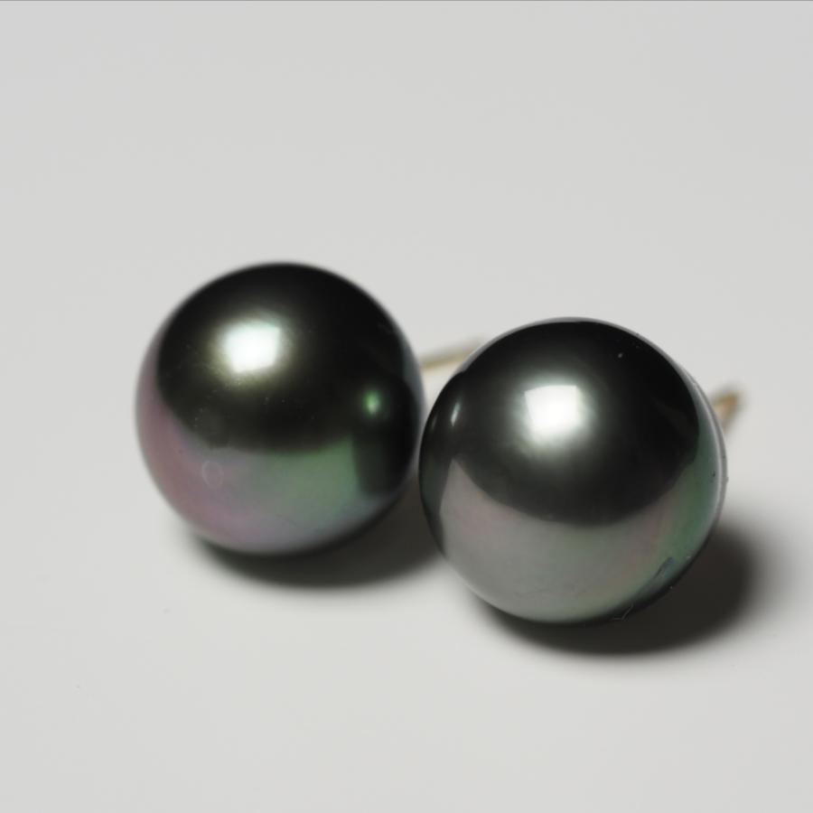 タヒチ真珠 ピアス グレイッシュグリーン 11mm up/バロックラウンド 