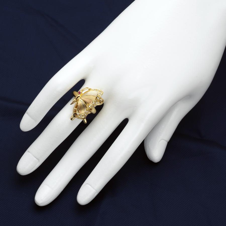 K18 バタフライリング 天然ダイヤ&ルビー付き 11.5号 サイズ直し可