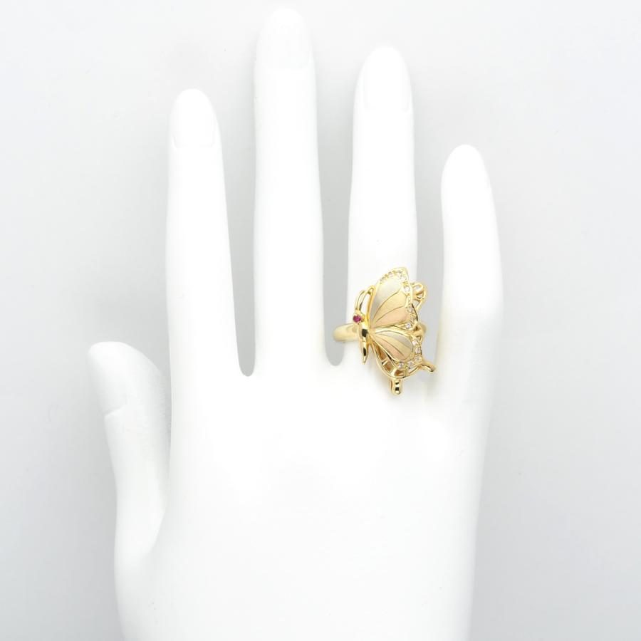 K18 バタフライリング 天然ダイヤ&ルビー付き 11.5号 サイズ直し可