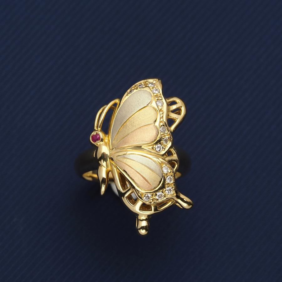 K18 バタフライリング 天然ダイヤ&ルビー付き 11.5号 サイズ直し可