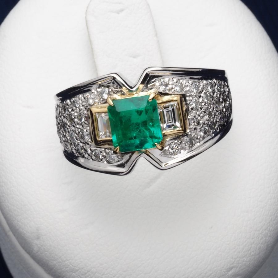 プラチナ900/K18コンビ 天然エメラルド&ダイヤモンド リング 13号
