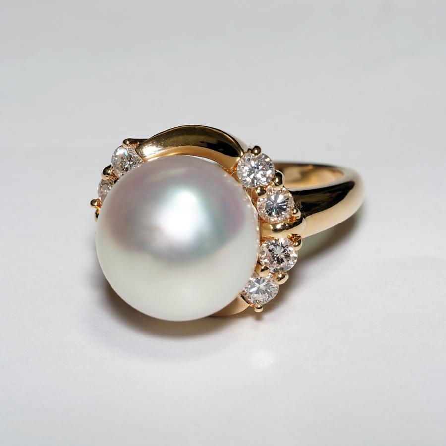 K18 南洋真珠 リング 0.8ct天然ダイヤ&鑑別書付き セミバロック12mm up  