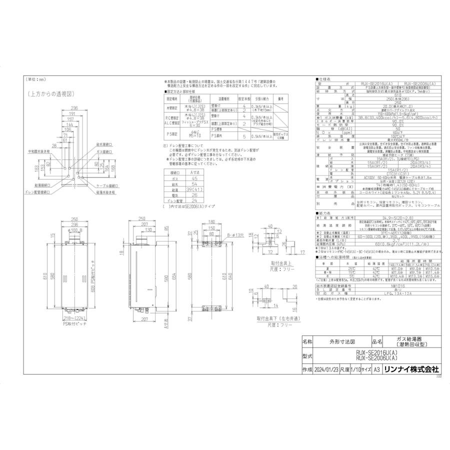 リンナイ（Rinnai） 【RUX-SE2016U(A)】 《KJK》 給湯専用 20号 PS扉内