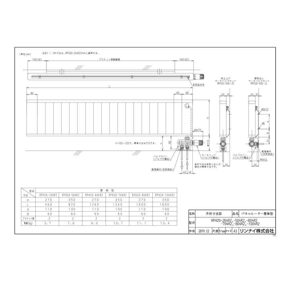 リンナイ 【RPH20-1004R2】 《KJK》 温水式パネルヒータ 壁掛