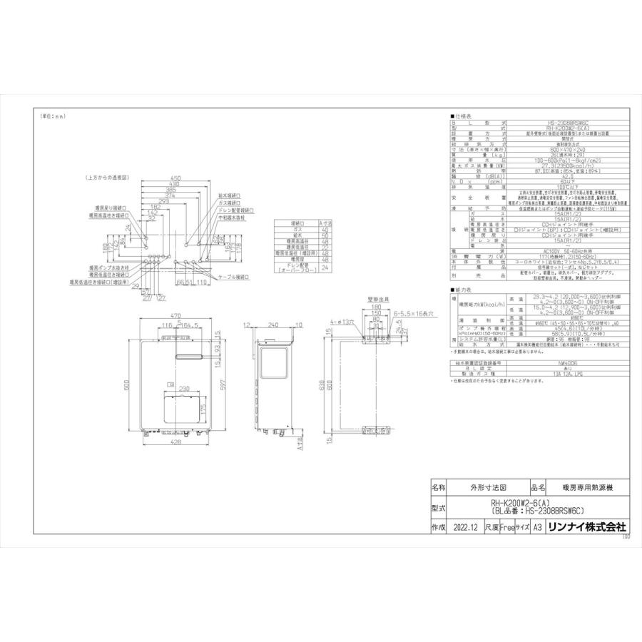 《KJK》　リンナイ　暖房専用熱源機　屋外壁掛型　ωα0