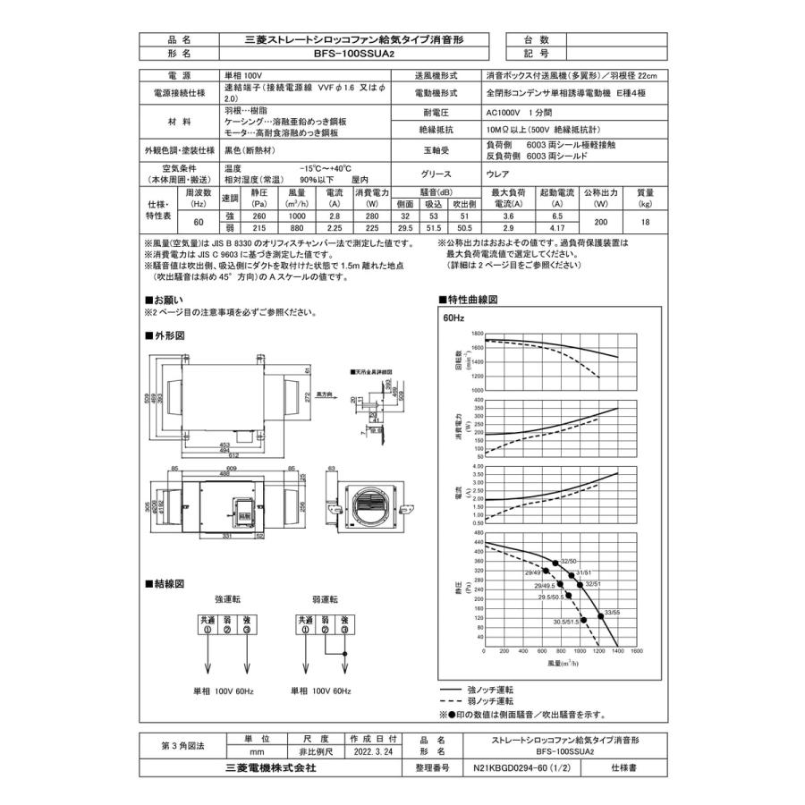 BFS-100SSUA2】 《KJK》 三菱電機 ストレートシロッコファン 給 BFS-100SSUA2】 《KJK》 三菱電機 ストレートシロッコファン 給