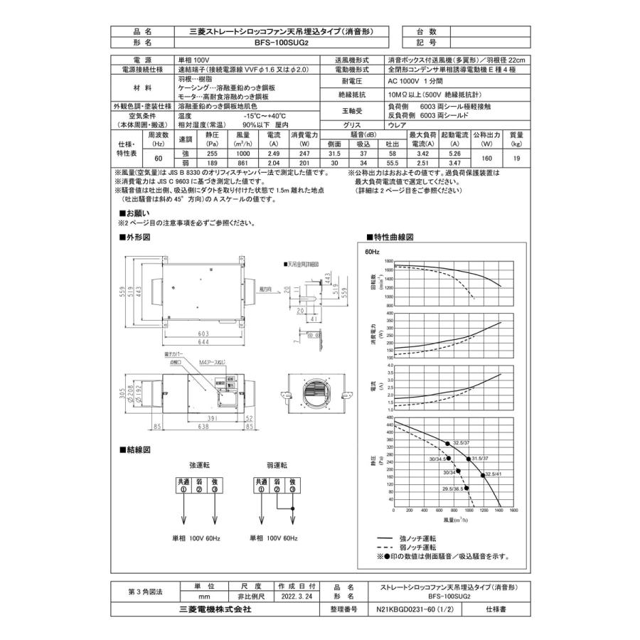 【BFS-100SUG2】 《KJK》 三菱電機 ストレートシロッコファン 天吊埋込タイプ消音形 ωτ0｜kjk｜02