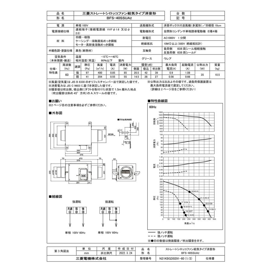 三菱ストレートシロッコファン BFS-40SSUA2 BFS-40SSUA2 三菱電機 業務用・工業用換気扇 空調用送風機