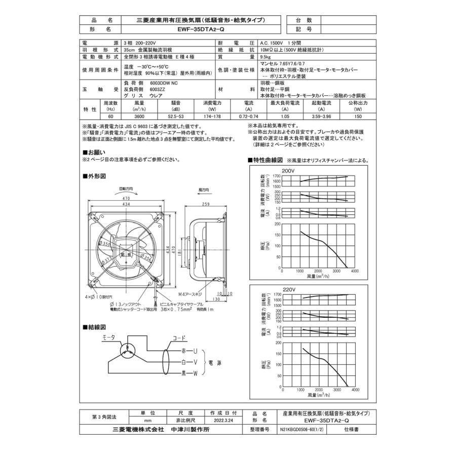 三菱電機　EWF35DTA2 有圧換気扇 EWF-35DTA2 産業用有圧換気扇・低騒音形ダブリュキューブファン