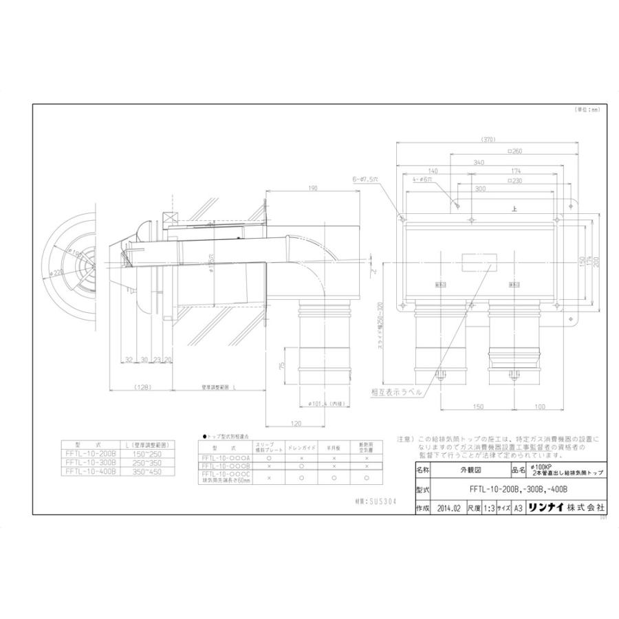 Rinnai FFTL-10-200B 換気システム 1セット入り Rinnai FFTL-10-200B 換気システム 1セット入り